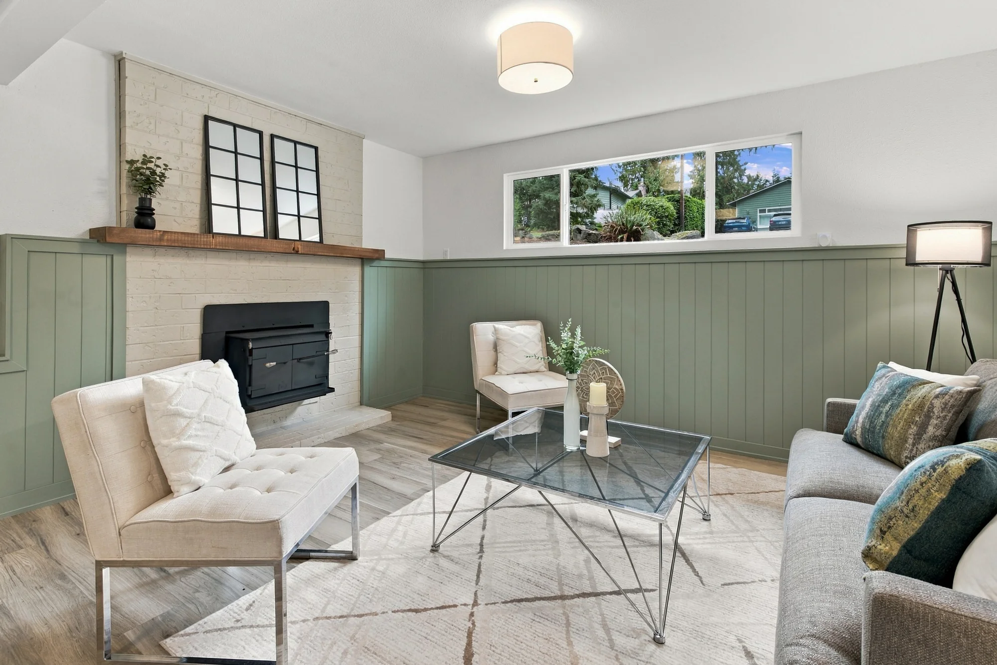 Lower-level recreation room with a wood-stove insert